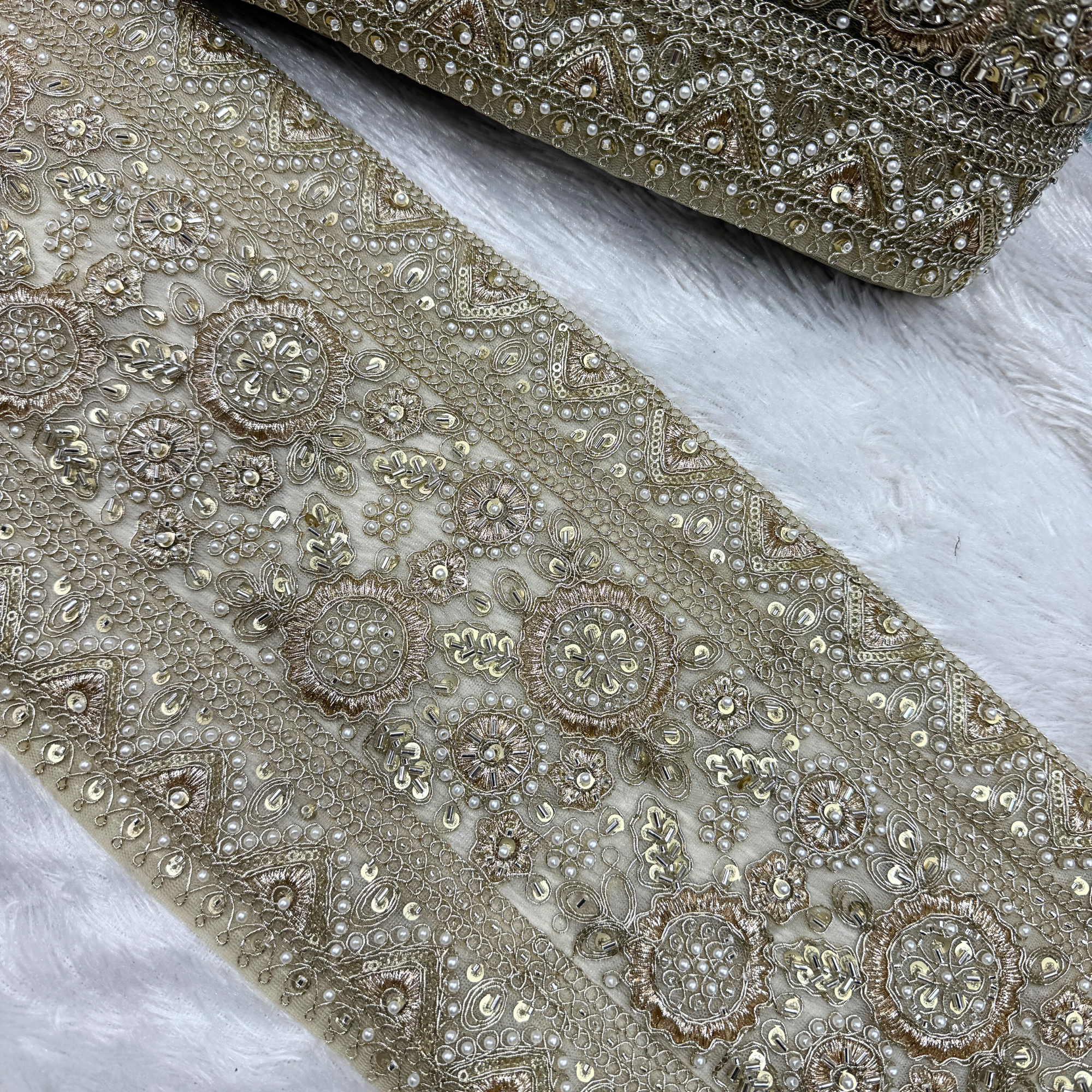 Luxury Pearl & Sequin Embroidered Designer Lace Border