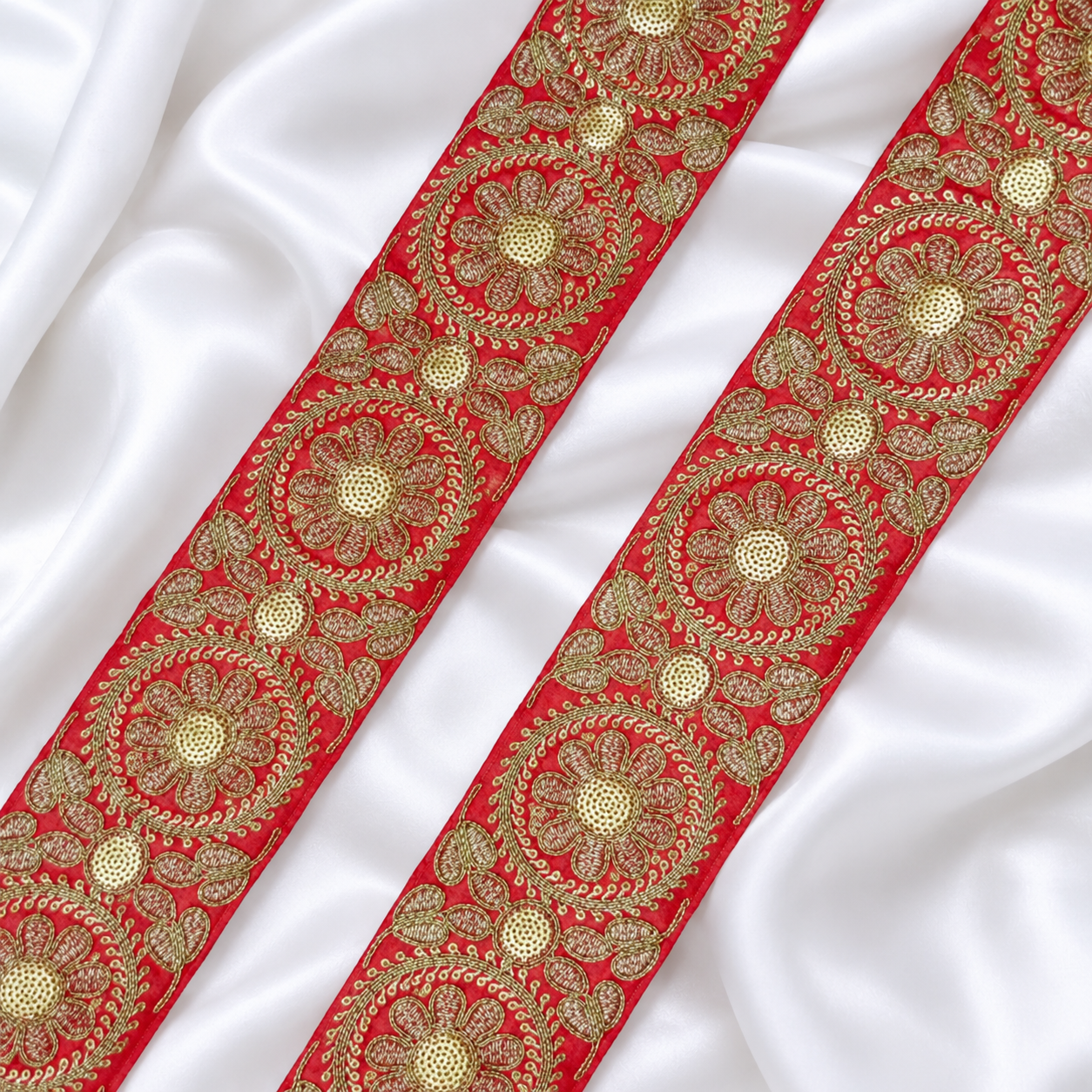 Floral Medallion Metallic Embroidered Wide Lace Border for Bridal & Designer Wear