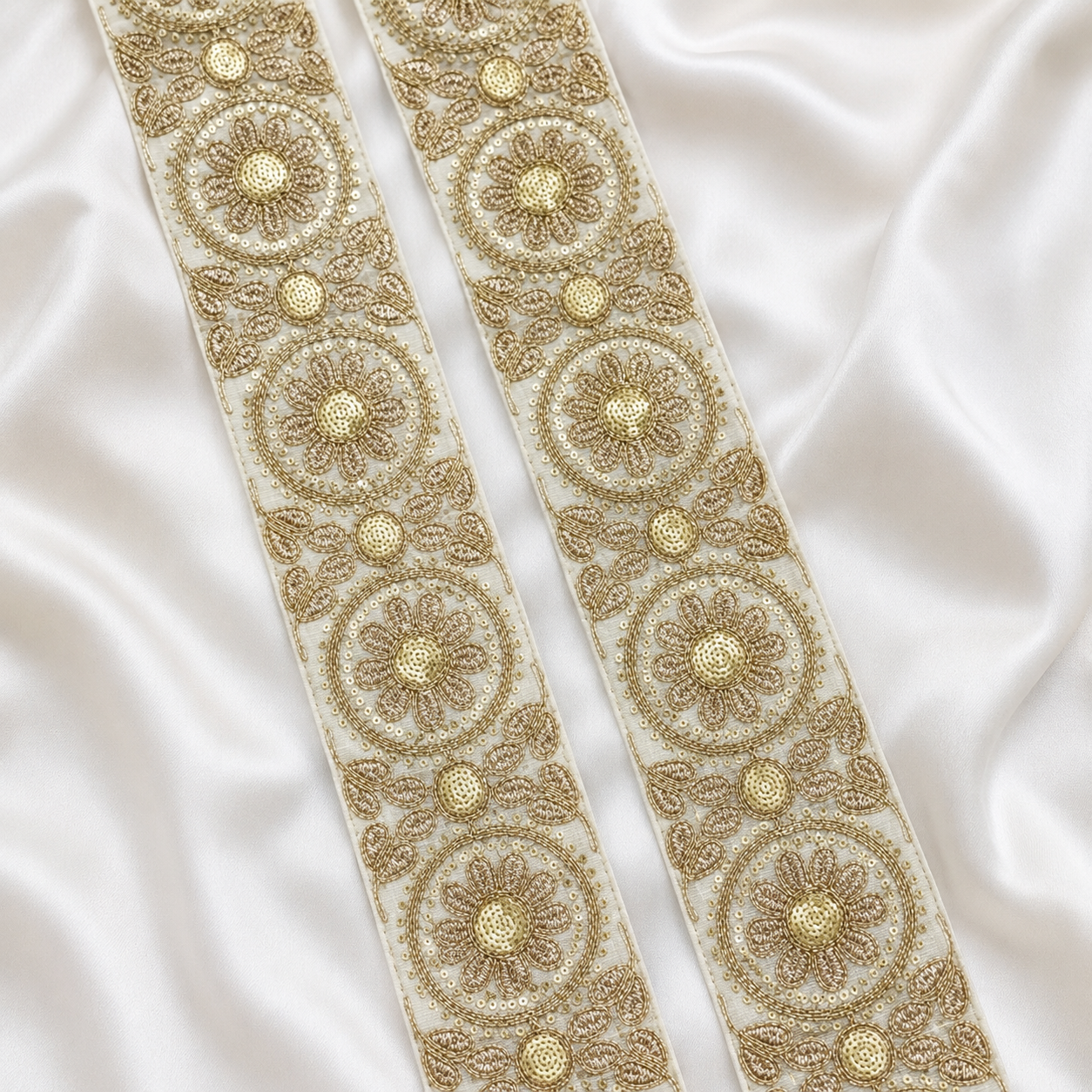 Floral Medallion Metallic Embroidered Wide Lace Border for Bridal & Designer Wear