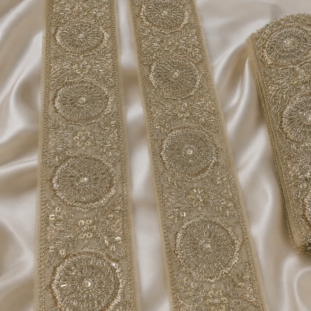 Handcrafted Floral Medallion Embroidered Lace Trim for Bridal & Designer Wear