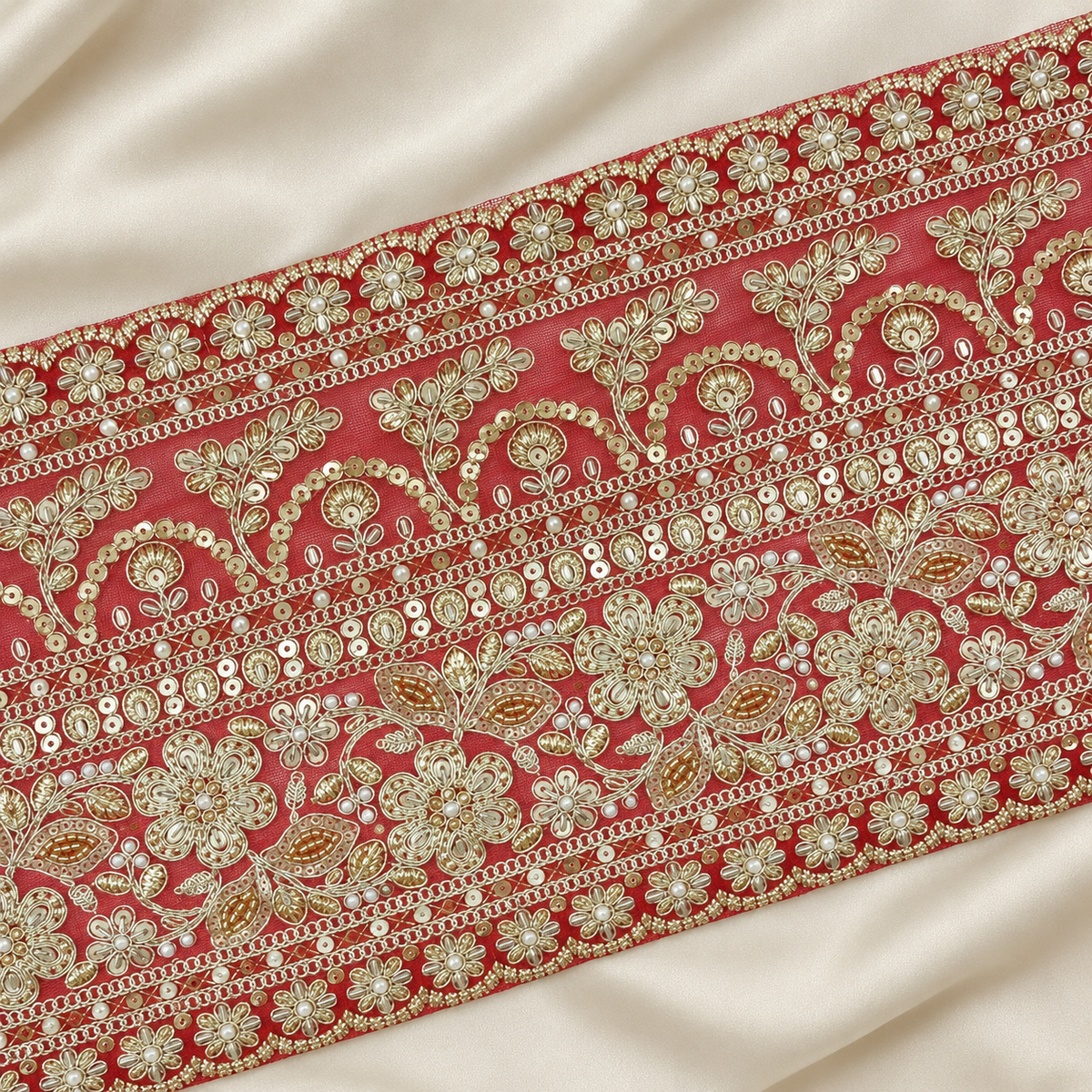 Floral Vine Pearl and Metallic Embroidered Wide Bridal Lace Border
