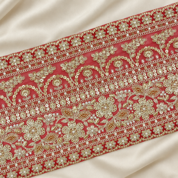 Floral Vine Pearl and Metallic Embroidered Wide Bridal Lace Border