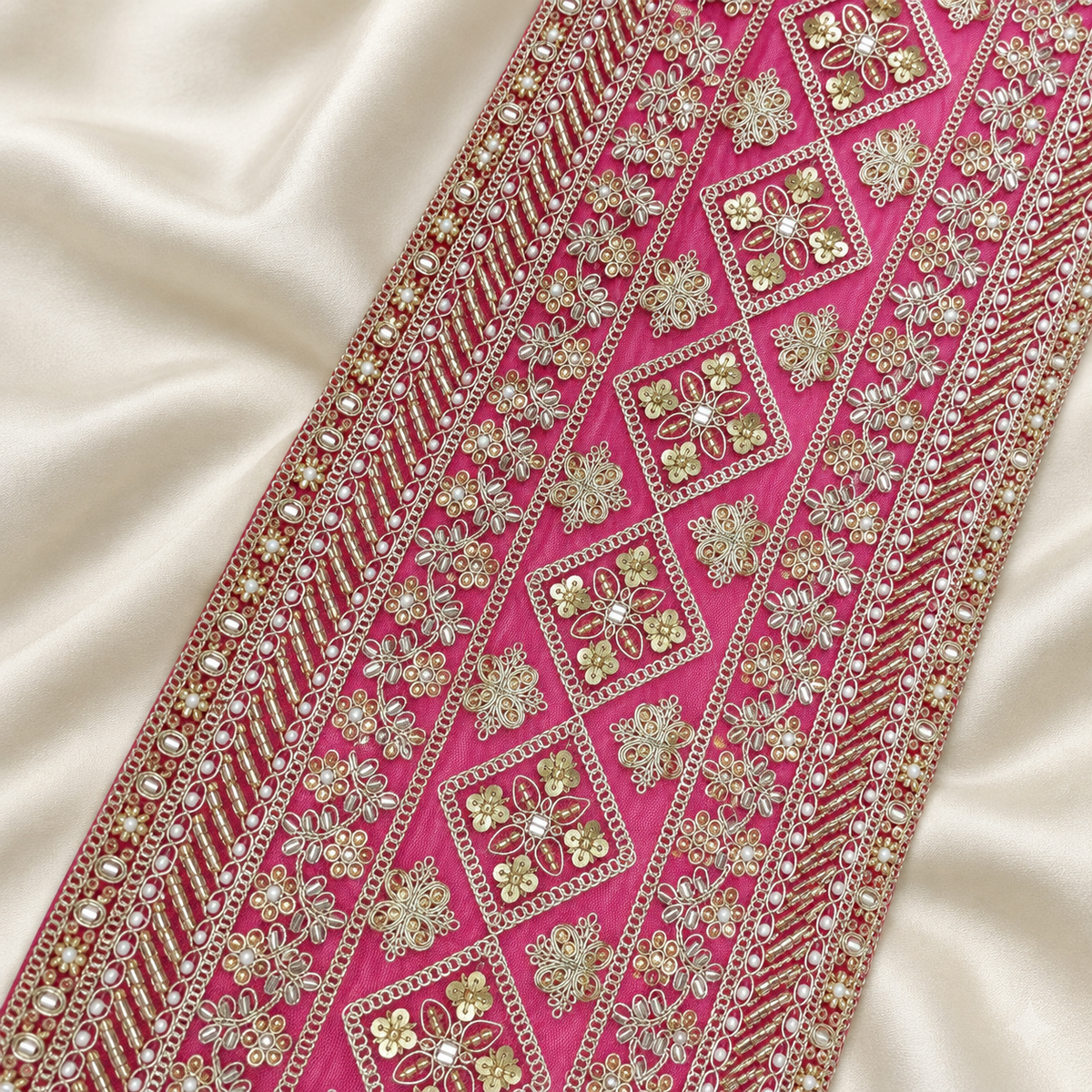 Geometric Floral Pearl and Metallic Embroidered Wide Lace Border