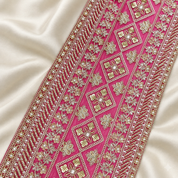 Geometric Floral Pearl and Metallic Embroidered Wide Lace Border