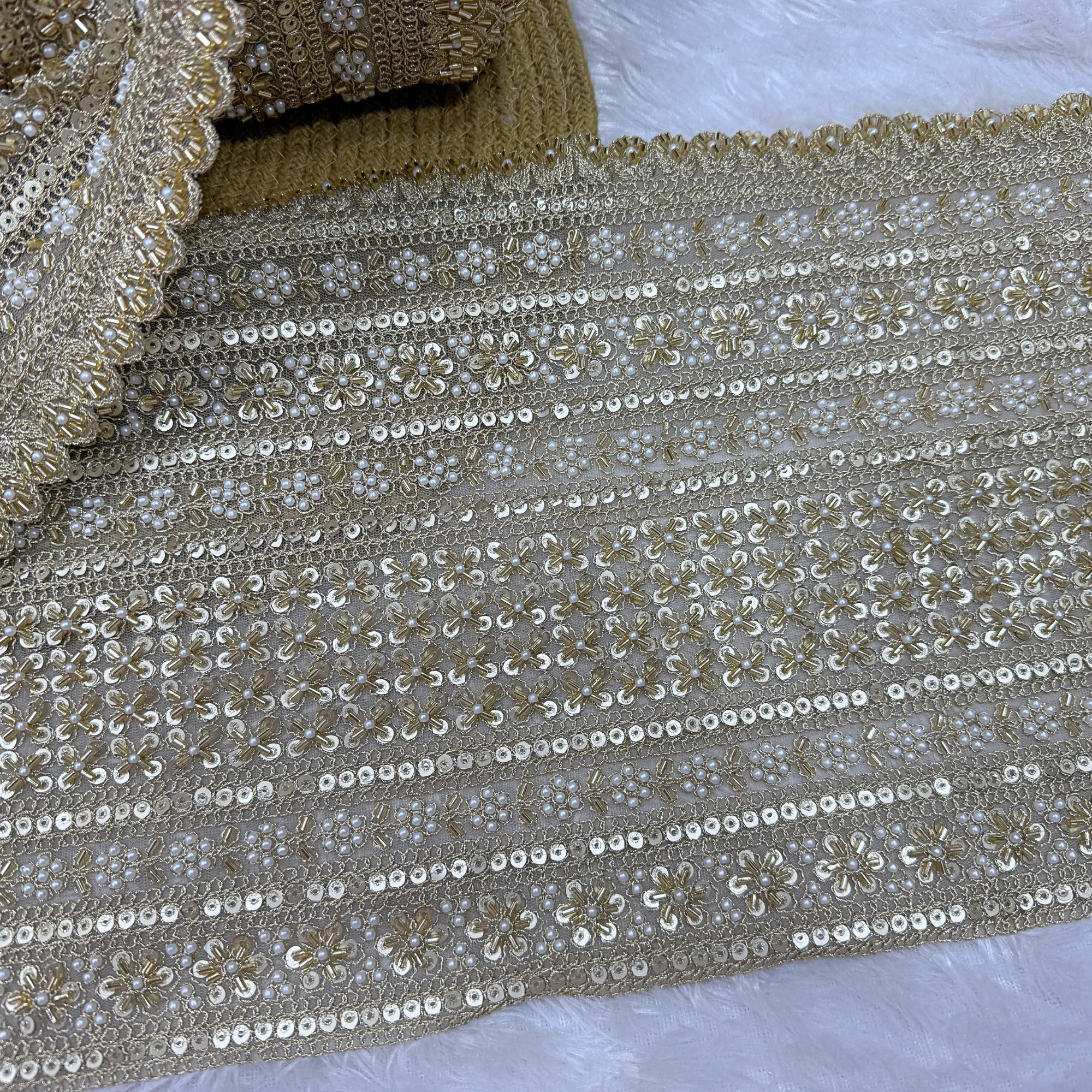 Luxury Pearl & Sequin Embroidered Bridal Lace Border