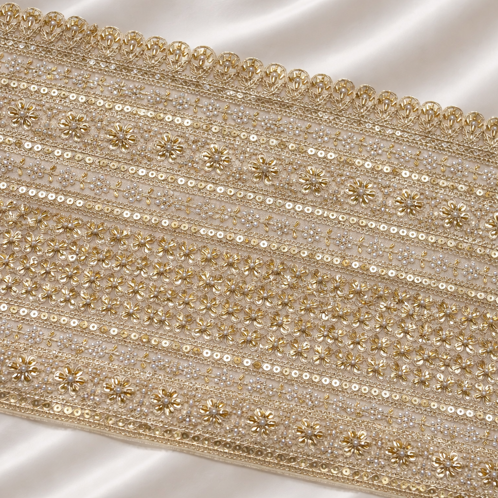 Luxury Pearl & Sequin Embroidered Bridal Lace Border