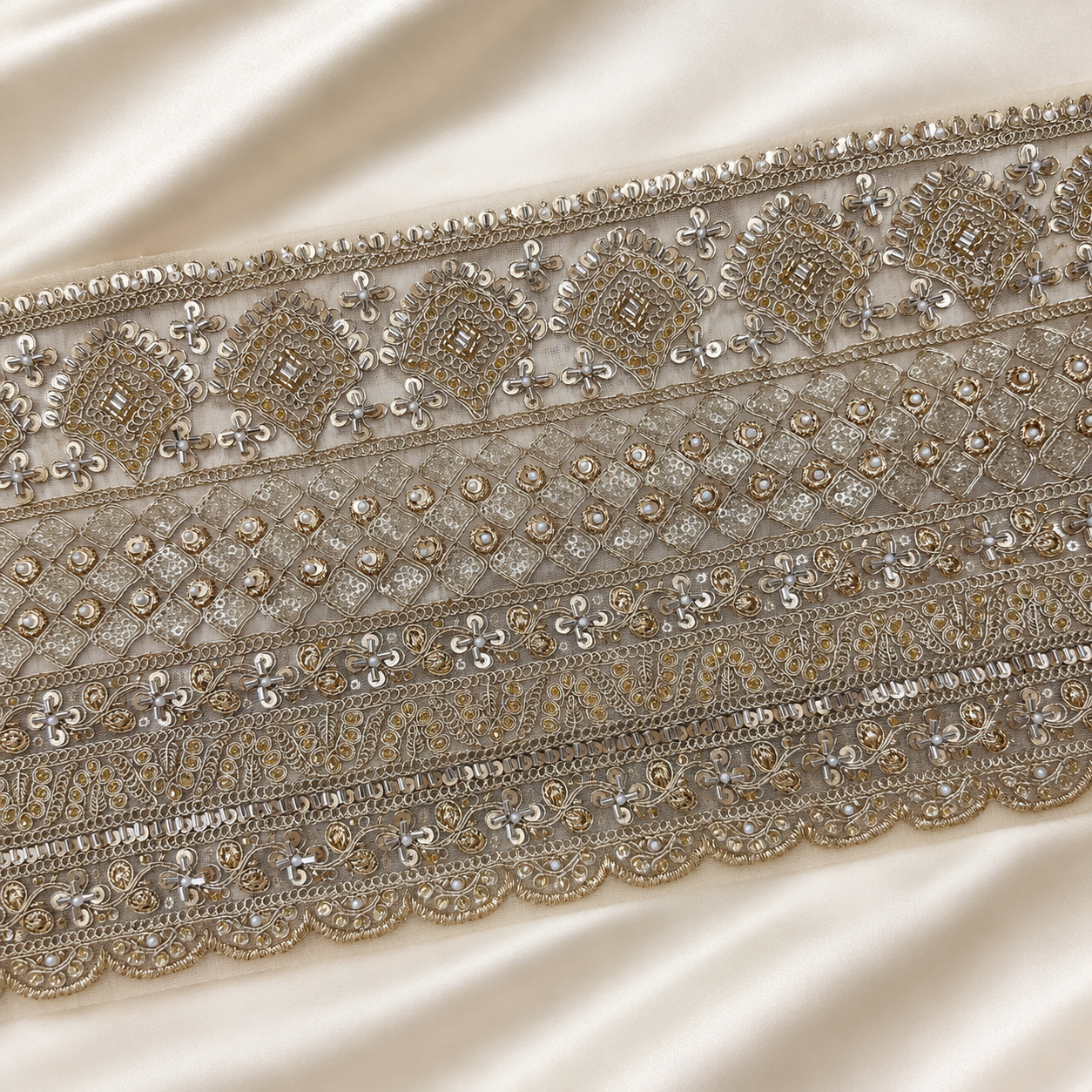 Wide Floral Embroidered Lace Border with Pearl, Sequin & Bead Work for Bridal Wear