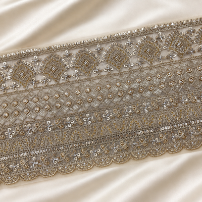 Wide Floral Embroidered Lace Border with Pearl, Sequin & Bead Work for Bridal Wear