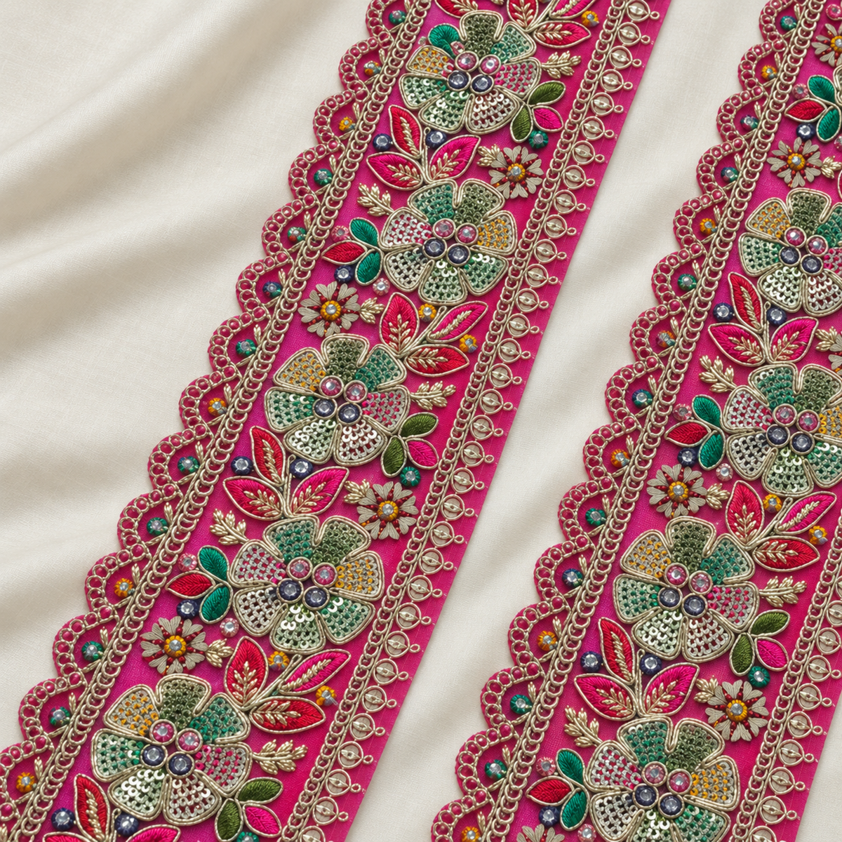 Floral Sequin and Metallic Cord Embroidered Designer Border