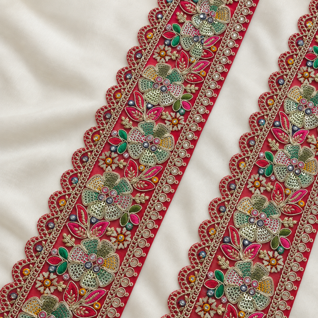 Floral Sequin and Metallic Cord Embroidered Designer Border