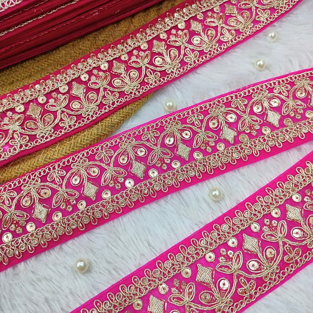 Pink Gold Zari Embroidered Lace