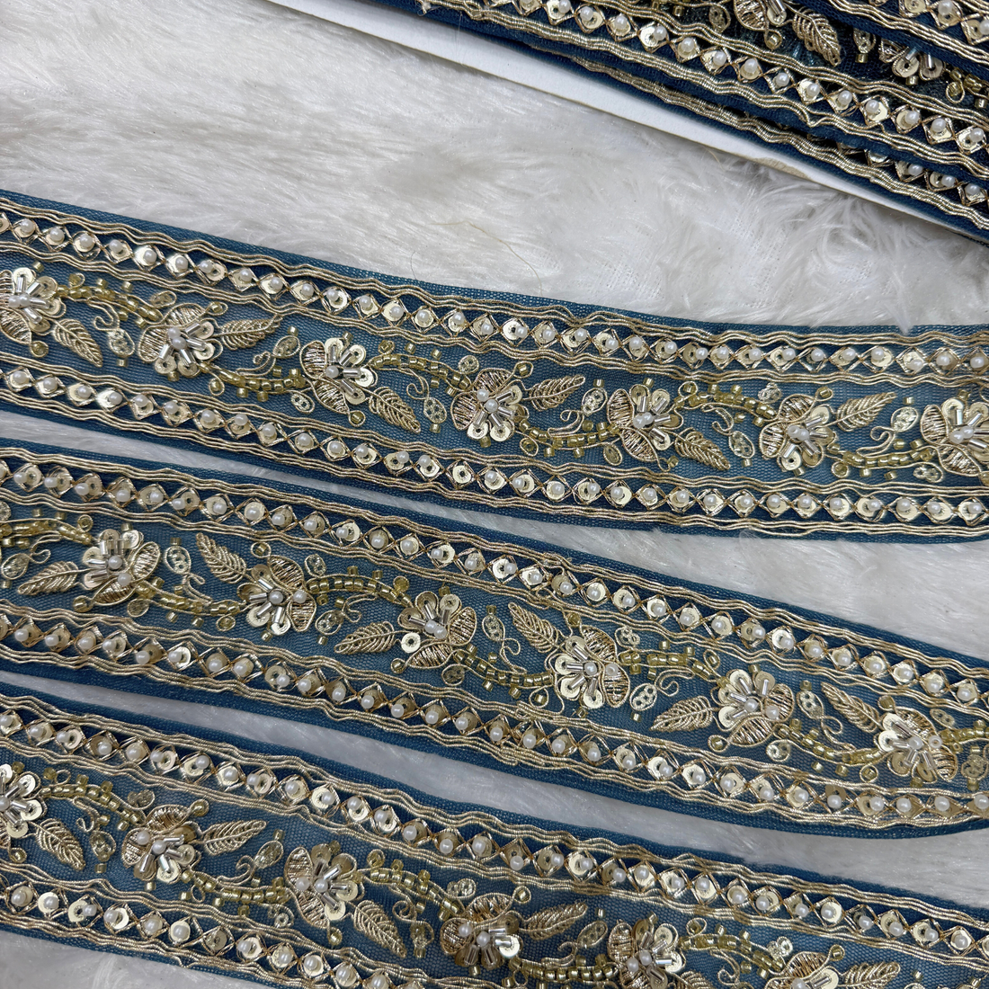 Embroidered Pearl & Sequin Designer Lace Trim