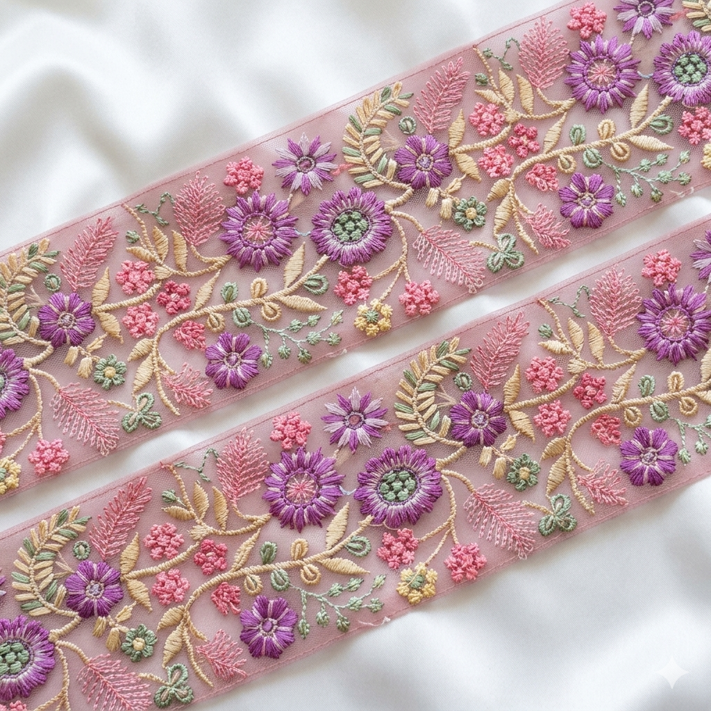 Handcrafted Floral Embroidery Lace Border on Net
