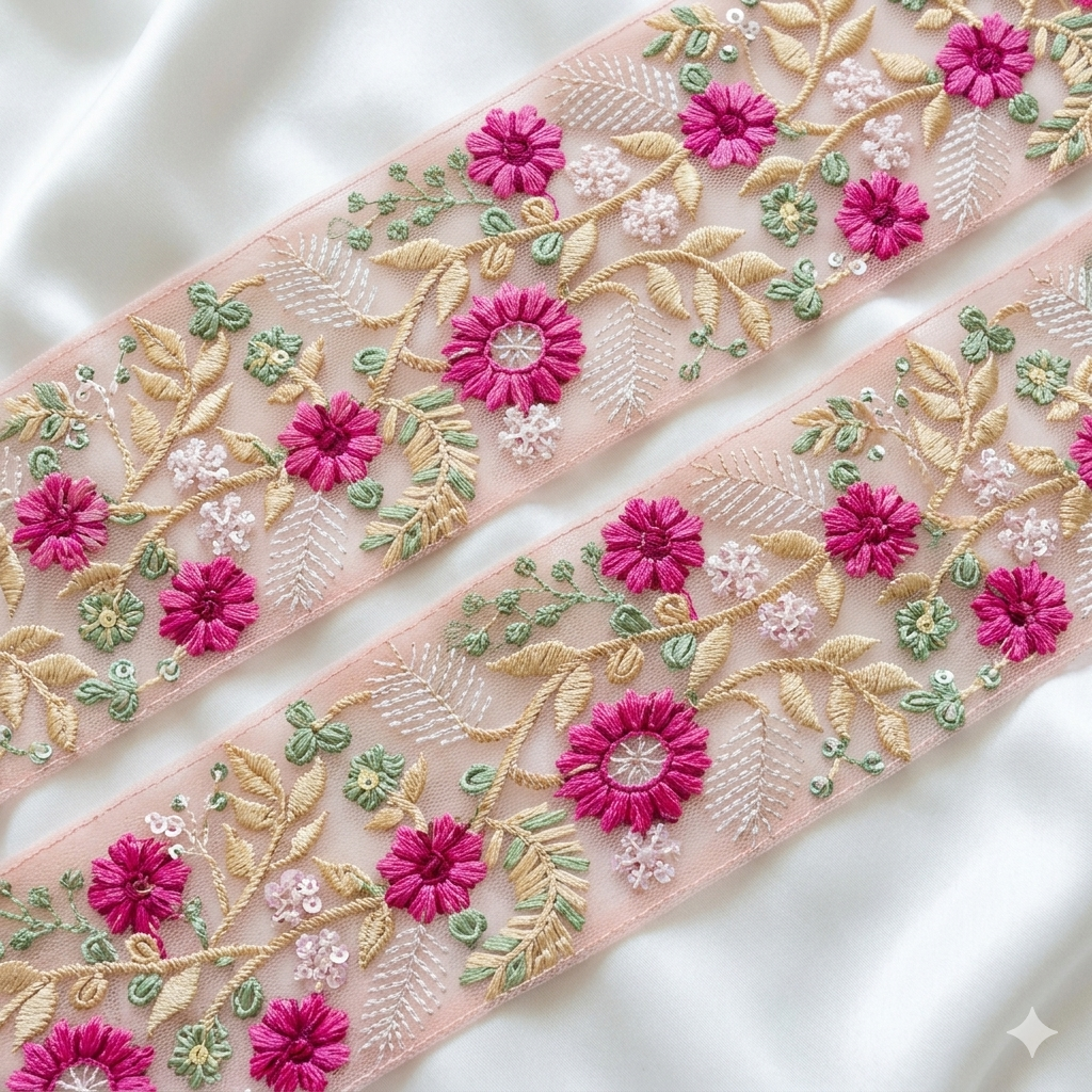 Handcrafted Floral Embroidery Lace Border on Net