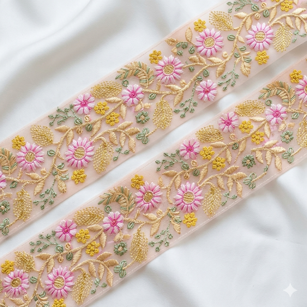 Handcrafted Floral Embroidery Lace Border on Net