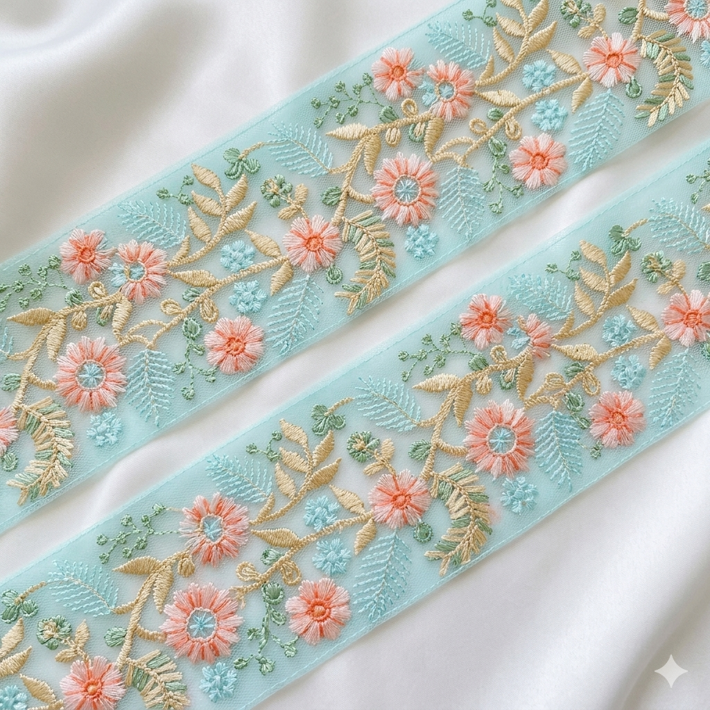 Handcrafted Floral Embroidery Lace Border on Net