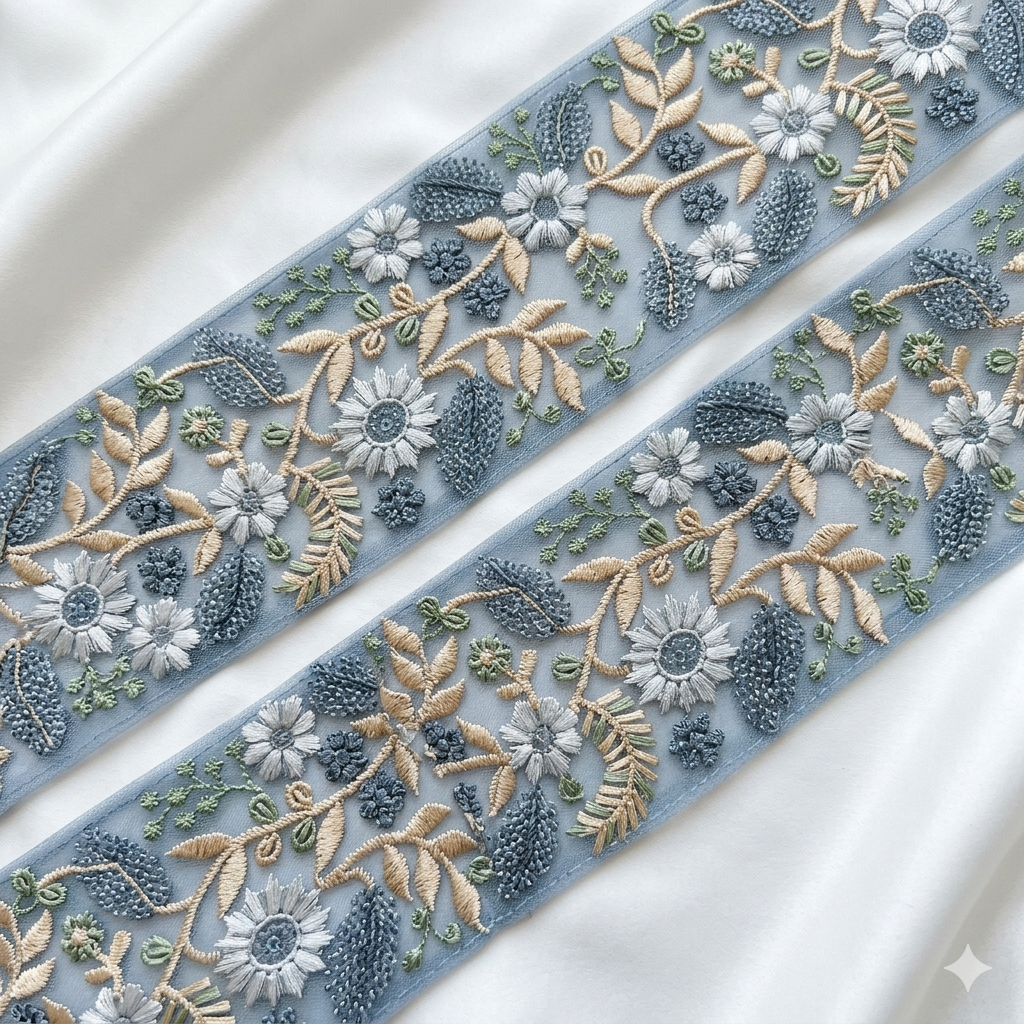 Handcrafted Floral Embroidery Lace Border on Net
