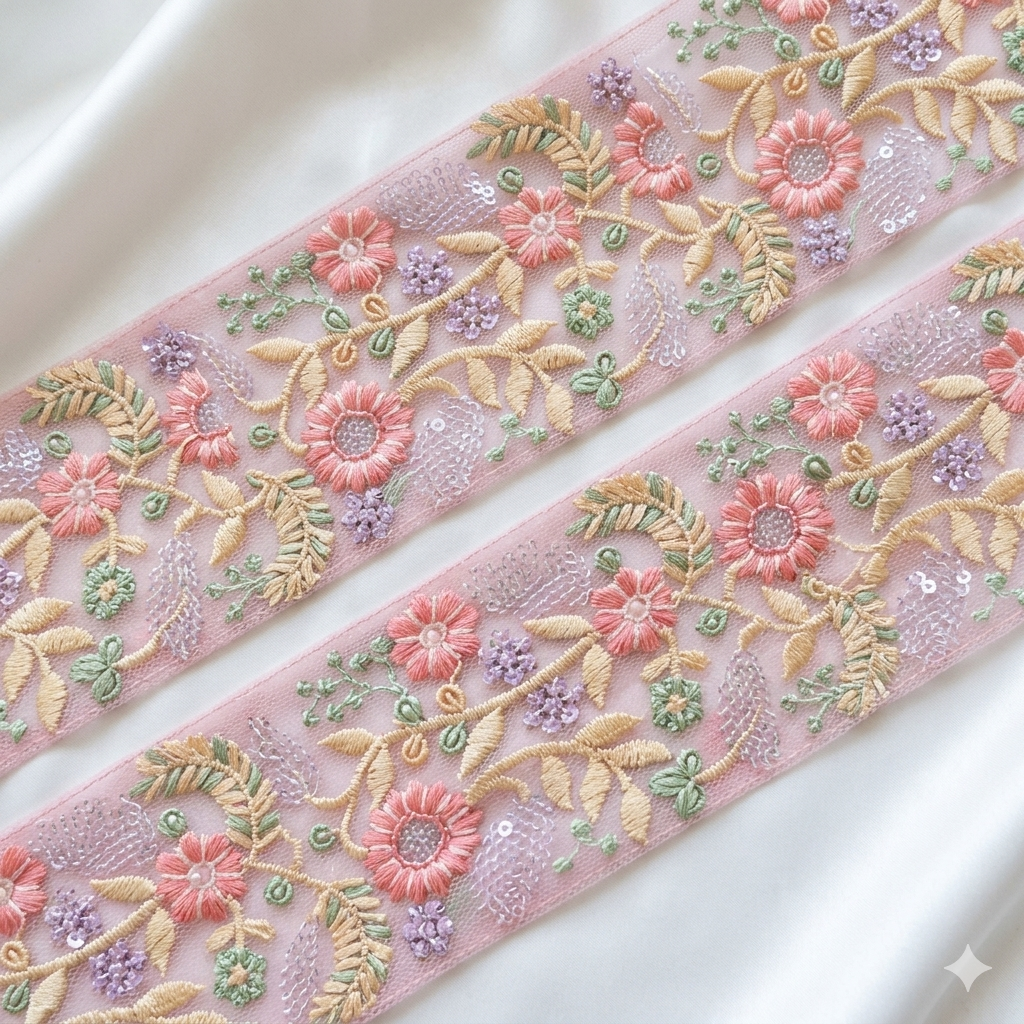 Handcrafted Floral Embroidery Lace Border on Net