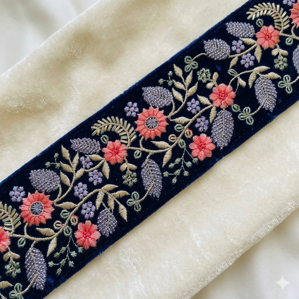 Handcrafted Floral Embroidery Lace Border on Net