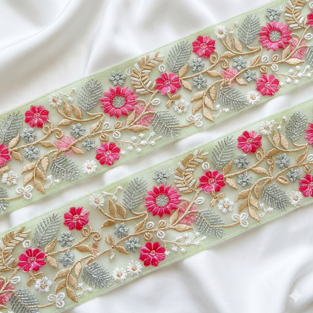 Handcrafted Floral Embroidery Lace Border on Net