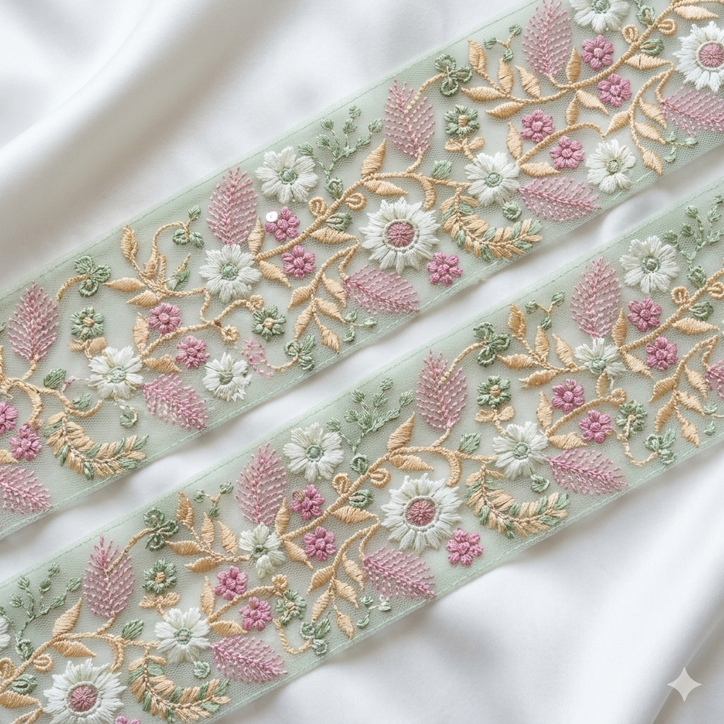 Handcrafted Floral Embroidery Lace Border on Net