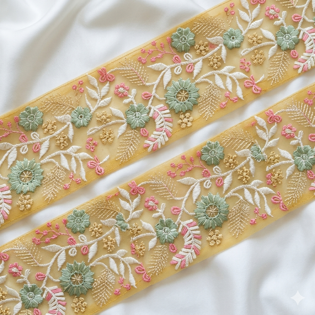Handcrafted Floral Embroidery Lace Border on Net