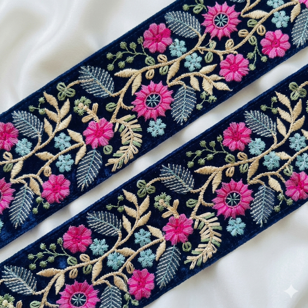 Handcrafted Floral Embroidery Lace Border on Net