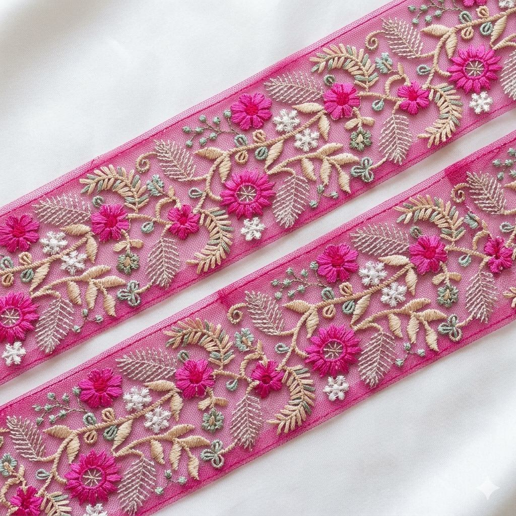Handcrafted Floral Embroidery Lace Border on Net