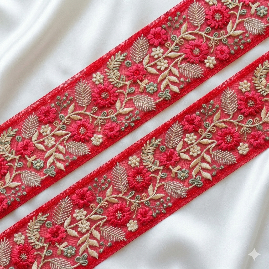 Handcrafted Floral Embroidery Lace Border on Net