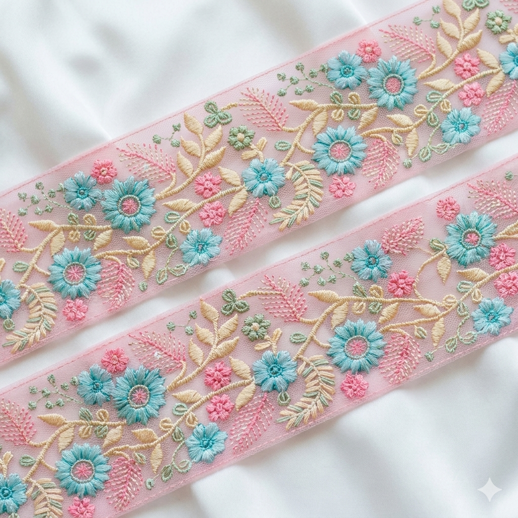 Handcrafted Floral Embroidery Lace Border on Net