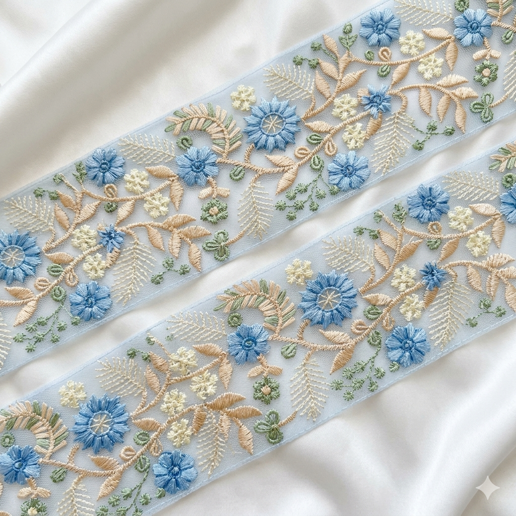 Handcrafted Floral Embroidery Lace Border on Net