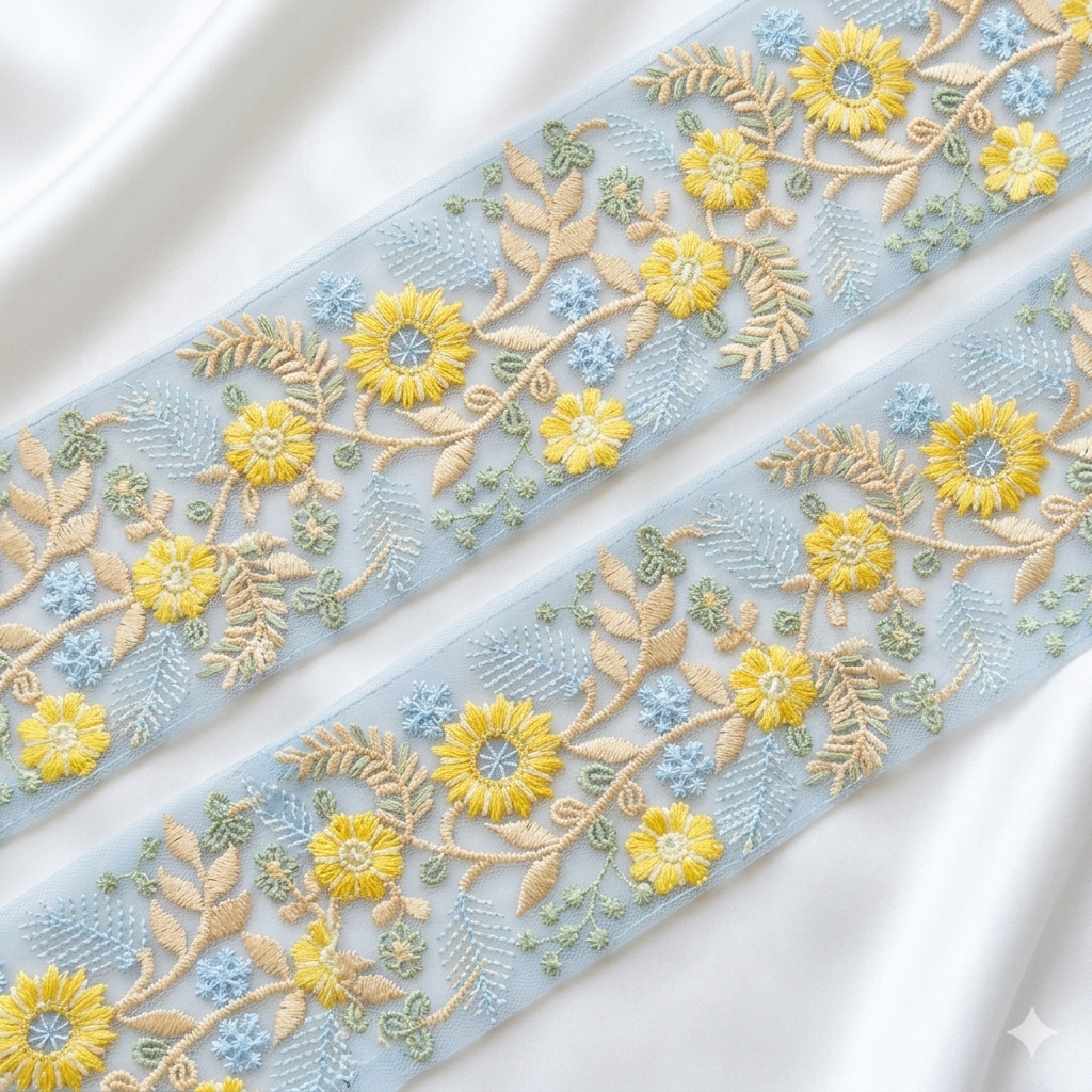 Handcrafted Floral Embroidery Lace Border on Net