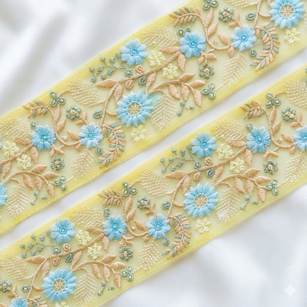 Handcrafted Floral Embroidery Lace Border on Net