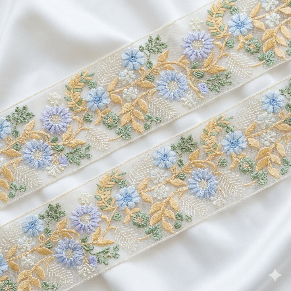 Handcrafted Floral Embroidery Lace Border on Net