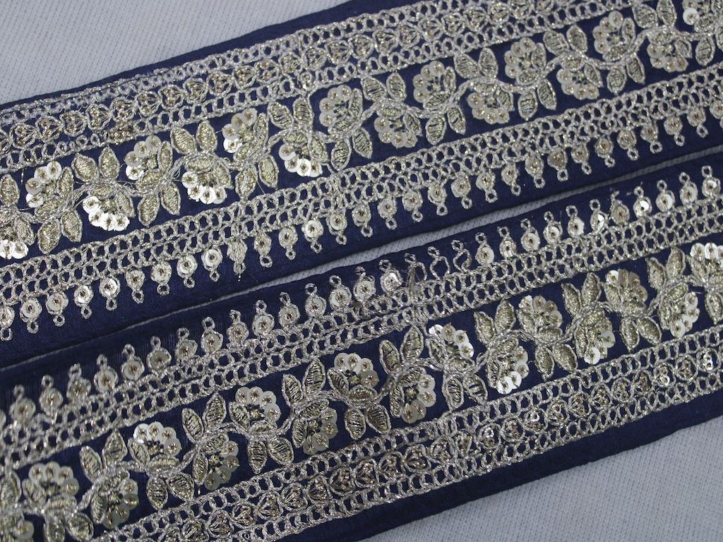 Elegant Navy Blue Sequin and Zari Trim