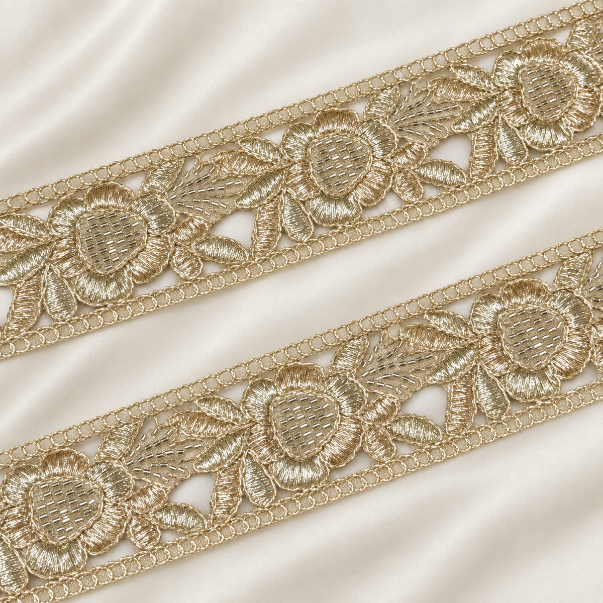 Dimensional Floral Metallic Embroidered Lace Border