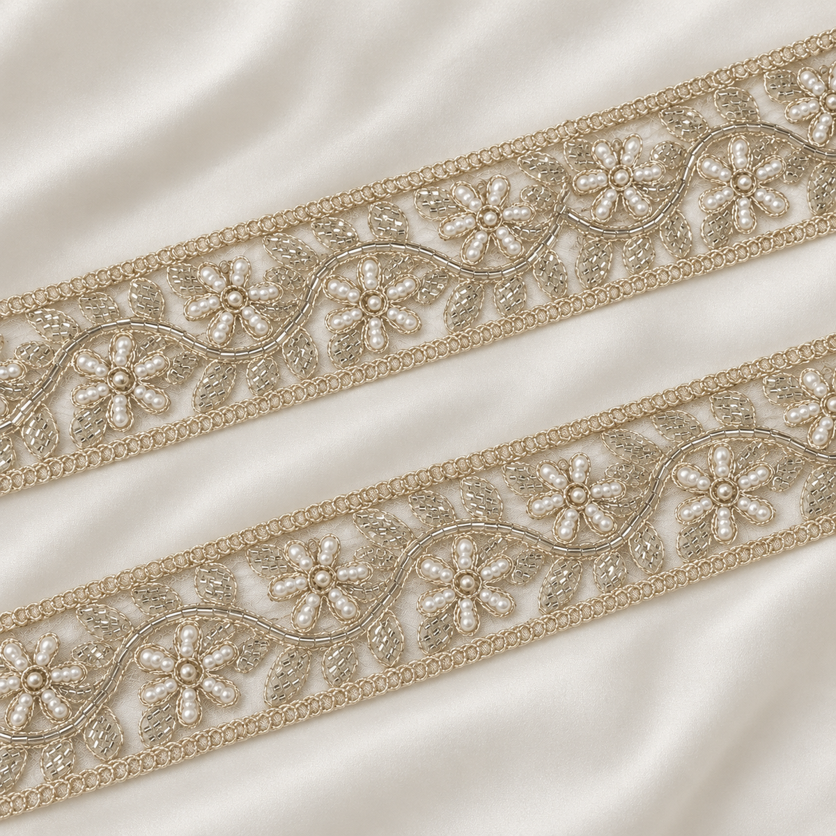 Pearl Floral Vine Embroidered Lace Border
