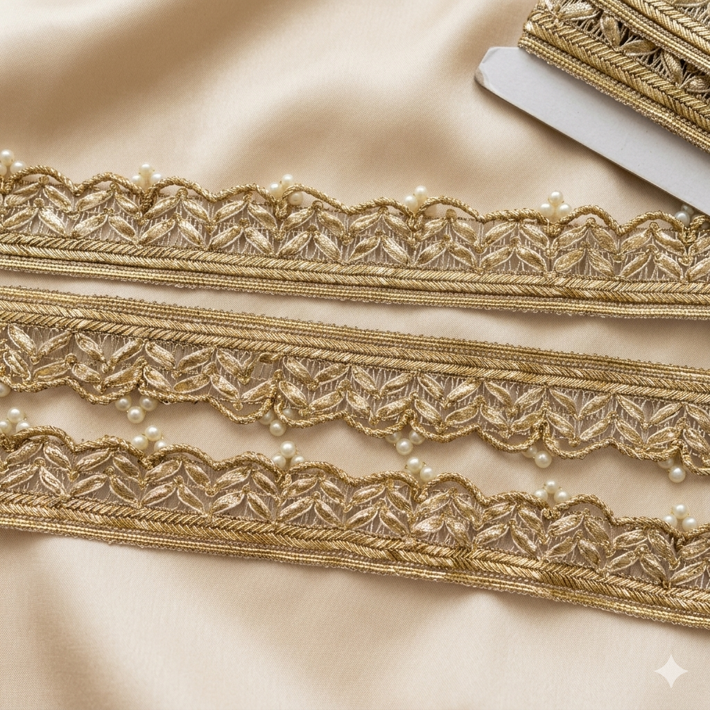 Handcrafted Metallic Embroidered Lace Border with Scalloped Leaf Pattern