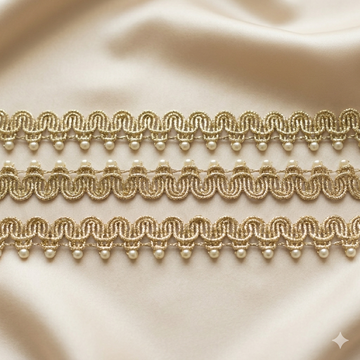 Handcrafted Pearl Embellished Scalloped Lace Trim with Loop Embroidery