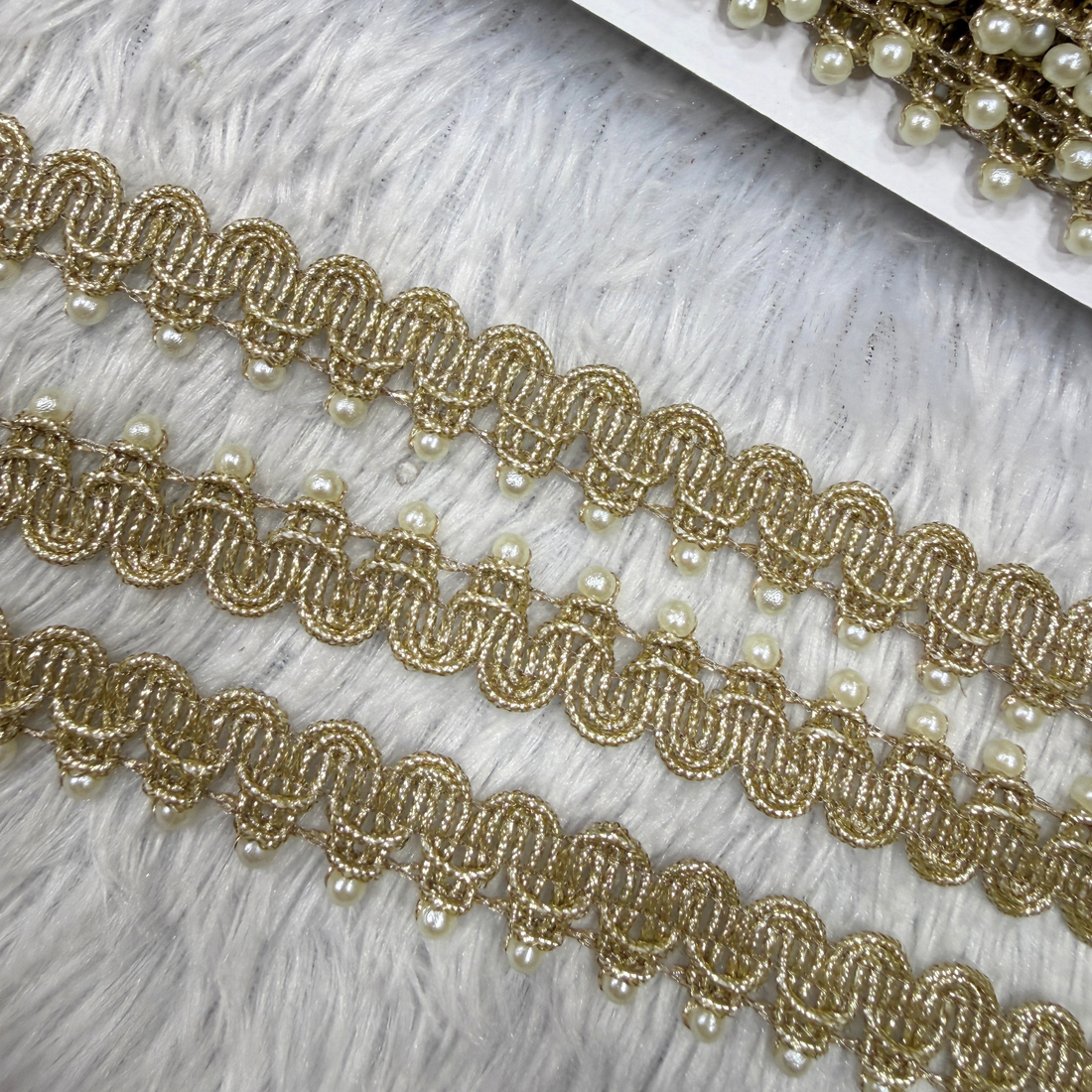 Handcrafted Pearl Embellished Scalloped Lace Trim with Loop Embroidery