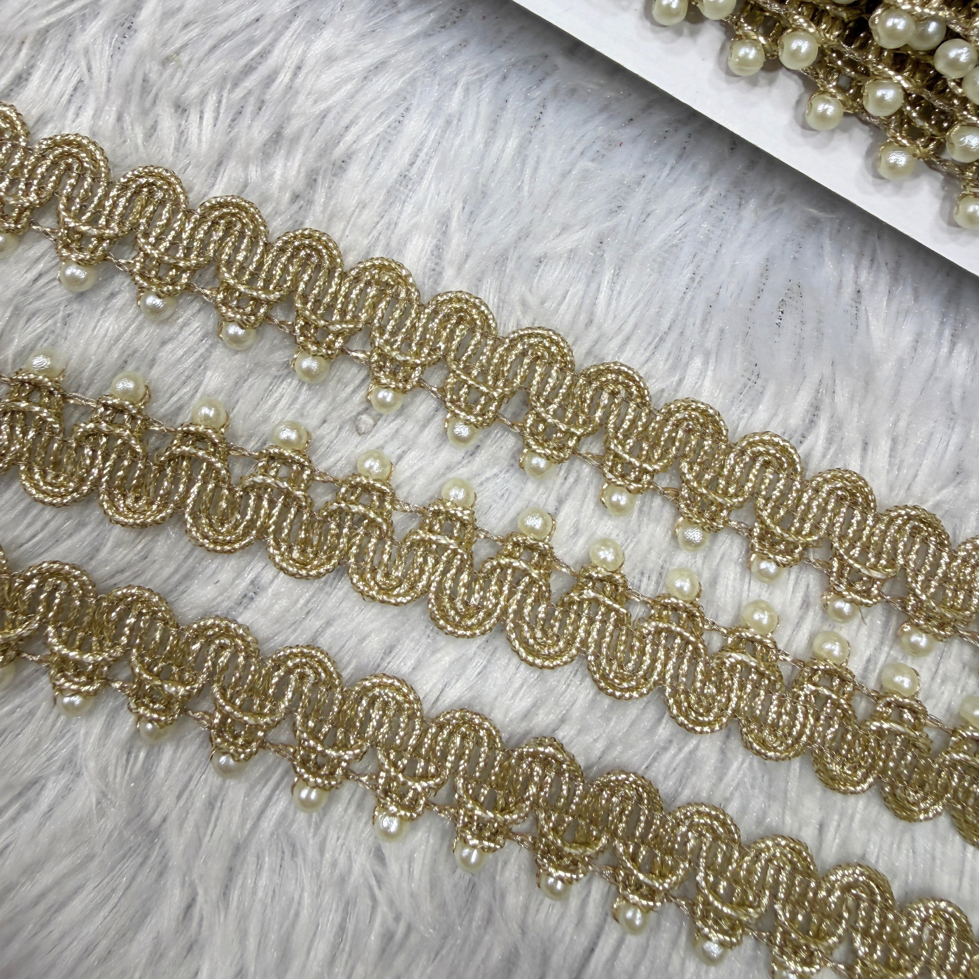 Handcrafted Pearl Embellished Scalloped Lace Trim with Loop Embroidery
