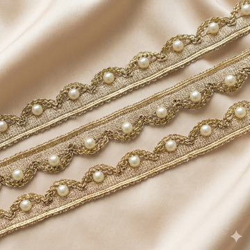 Scalloped Pearl Embellished Lace Trim Border with Braided Detailing