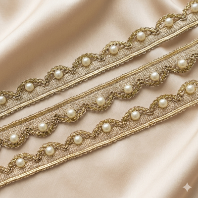 Scalloped Pearl Embellished Lace Trim Border with Braided Detailing