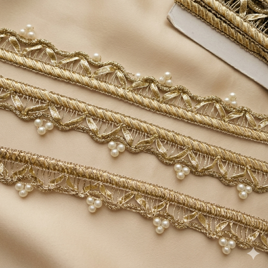 Handcrafted Leaf Motif Pearl Embellished Lace Trim Border for Ethnic & Designer Wear