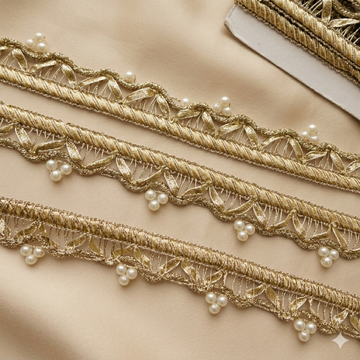 Handcrafted Leaf Motif Pearl Embellished Lace Trim Border for Ethnic & Designer Wear