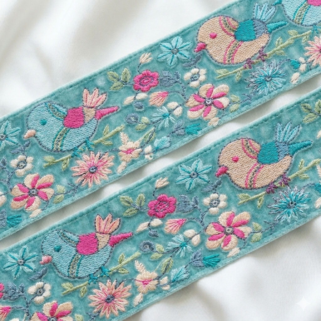 Embroidered Bird & Floral Lace Border Trim