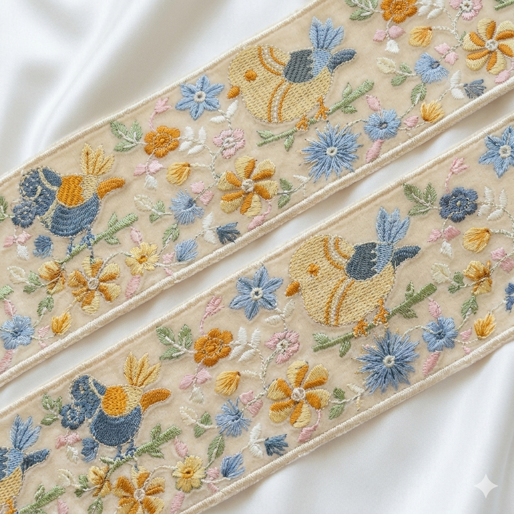Embroidered Bird & Floral Lace Border Trim