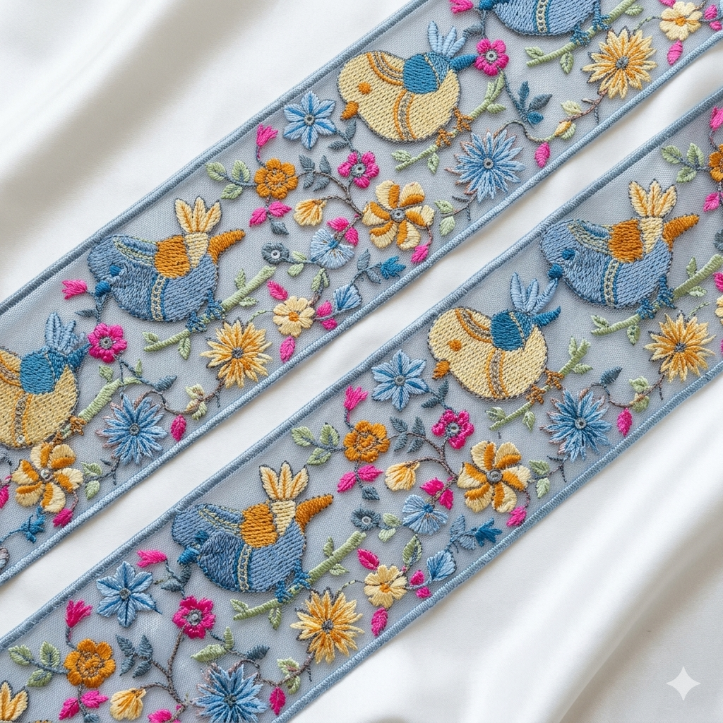 Embroidered Bird & Floral Lace Border Trim