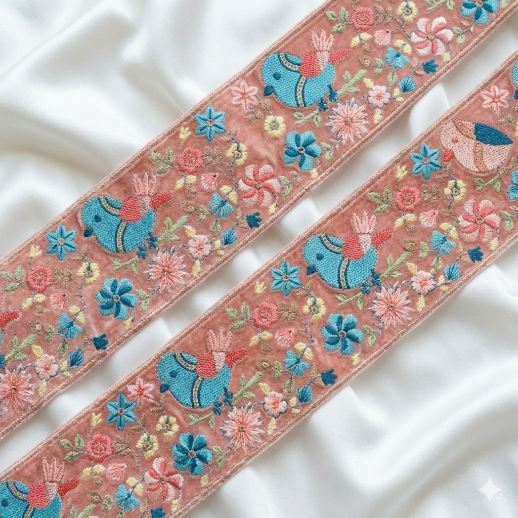 Embroidered Bird & Floral Lace Border Trim