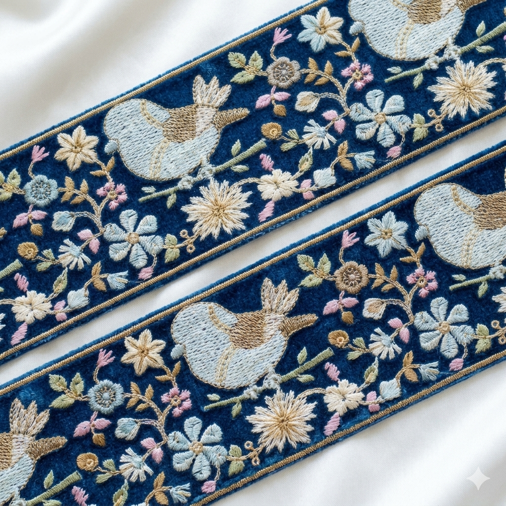 Embroidered Bird & Floral Lace Border Trim